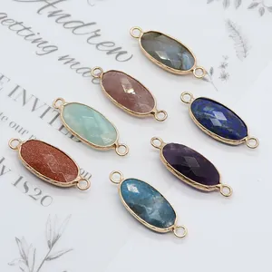 Oval natural stone connectors with gold plated edges and double loops for DIY jewelry