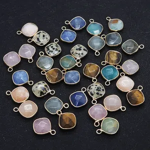 Tiger eye and rose quartz faceted square pendants with gold edges for DIY jewelry making