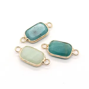 Set of 3 rectangular faceted natural amazonite stone connectors with gold plated frames