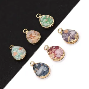 Pendentifs en Pierre Naturelle Goutte Forme Goutte d'Eau Bordure Dorée Breloques Style Terrazzo Pour Fabrication de Bijoux DIY Collier Accessoires Pendentif Uniquement (Sans Chaîne)