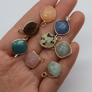 Set of 8 natural tiger eye and rose quartz rhombus pendants with gold plated edges