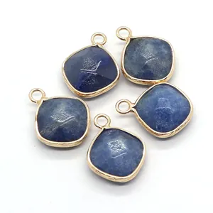 Five square blue tiger eye stone pendants with gold metal frames for DIY jewelry