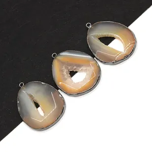 Natural Agate Druzy Pendant Only Irregular Water Drop Agate Stone Pendants With Metal Edging For DIY Jewelry Making Accessories Gift