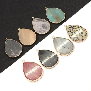 Pendentif Goutte d'Eau en Pierre Naturelle pour DIY Bijoux Bord Doré Jaspe Dalmate Amazonite Pendentifs en Pierre Sans Chaîne