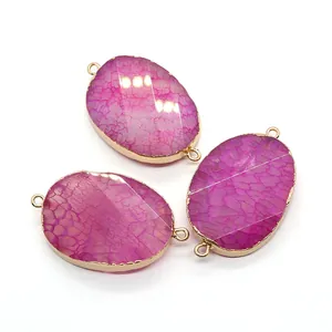 Set de tres conectores ovalados de cristal rosa con borde dorado para joyería artesanal