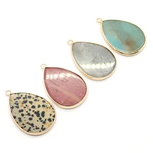 Pendentifs gouttes en pierre naturelle avec bordure dorée pour bijoux DIY lot de 4