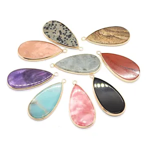 Nine colorful teardrop natural stone pendants with gold plated edges for DIY jewelry making
