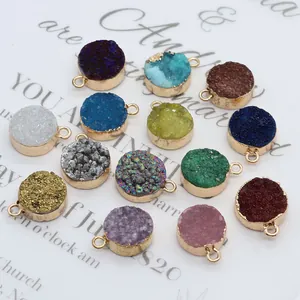Bunte 12x15mm runde Druzy-Quarz-Anhänger mit vergoldeten Kanten und Aufhängeschlaufe