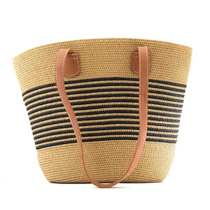 Bohemian Striped Large Capacity Straw Tote Bag For Women Handwoven Beach Vacation Shoulder Bag With PU Leather Handle