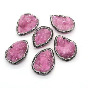 Pink druzy crystal teardrop pendants with rhinestone edges for DIY jewelry making