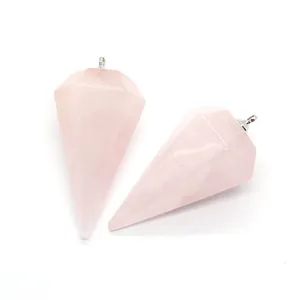 Pendentifs en quartz rose facetté en forme de cône hexagonal avec attaches argent