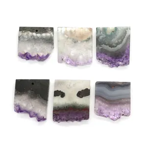 Lot de 6 pendentifs tranches d'améthyste naturelle avec bords en cristal brut et trous percés