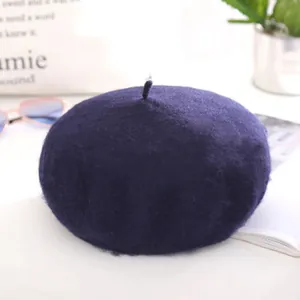 Classic dark blue wool beret hat for women with a stylish pumpkin cap design for autumn