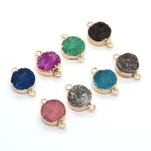 Natural crystal stone round double hole connector pendants in assorted vivid colors