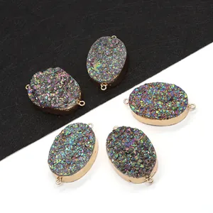 Regenbogen Druzy Kristall Anhänger Verbinder Oval Naturstein AB Farbe Legierung Eingefasst Doppelring Für DIY Schmuck
