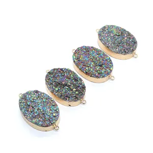 Regenbogen-Druzy-Naturstein-Anhänger in Ovalform mit Goldrand für DIY-Schmuckdesign