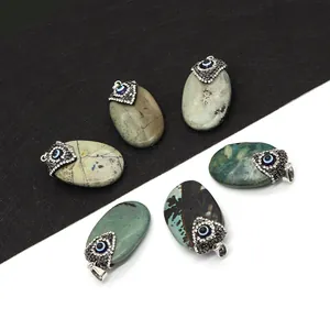 Natural Stone Evil Eye Pendant Oval Turquoise Inlaid Rhinestone DIY Necklace Accessories For Jewelry Making Protection Charm