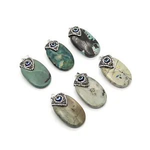 Natural oval turquoise and gemstone pendants with sparkling evil eye crystal charms