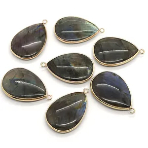 Handmade teardrop labradorite stone pendants with gold metal edges for DIY necklaces