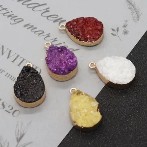 Set of 5 teardrop druzy stone pendants with gold plating for DIY jewelry making