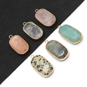 Colgante De Piedra Natural Ovalado Facetado Sin Cadena Para Creación De Joyas DIY Borde De Aleación Dorada Jaspe Dálmata Amazonita Labradorita Cuarzo Rosa Cristal