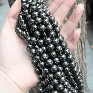Perles rondes en hématite naturelle polie avec éclat métallique pour bijoux DIY