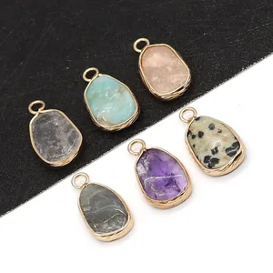 Irregular Natural Stone Dalmatian Jasper Rose Quartz Amethyst Pendants With Gold Metal Edge DIY Jewelry Making Charms Accessory