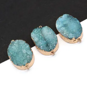 Natural Druzy Crystal Oval Pendant Double Hole Connector For DIY Jewelry Making Gold Plated Blue Stone Charms For Women