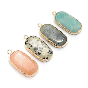 Colgantes de piedra natural con facetas ovales y bordes dorados para joyas DIY