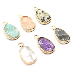 Set of six irregular teardrop natural stone pendants with gold metal edge and top ring