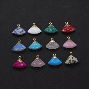 Detailed grid of 12 multi-color gemstone fan pendants with faceted cuts and gold loops