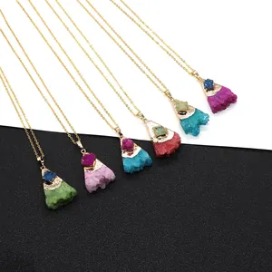Naturstein Kristall Zweifarbige Anhänger Halskette Unregelmäßige Druzy Geode Quarz Spleißen Vergoldet Boho Schmuck Für Damen