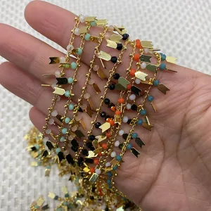 Faceted natural stone bead chain with gold metal charms for DIY jewelry making