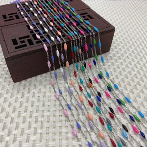 Colorful enamel rice beads on silver stainless steel chain for DIY jewelry making