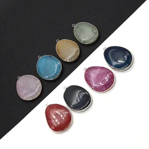 Natuursteen Vuuragaat Hanger Metalen Rand Waterdruppel Eivorm Crackle Charme Voor DIY Sieraden Maken Halsketting Accessoire