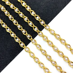 Metal Copper Twisted Gold Chain With White ABS Faux Artificial Pearls Spool For DIY Jewelry Making Necklace Bracelet Decoration