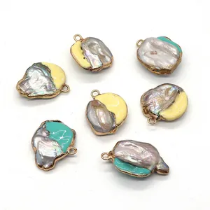 Set of irregular baroque pearl pendants with turquoise enamel and gold-plated rings