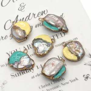 Baroque Natural Artificial Pearl Enamel Pendant Irregular Shell Gold Plated Alloy Charm For DIY Necklace Bracelet Jewelry Making