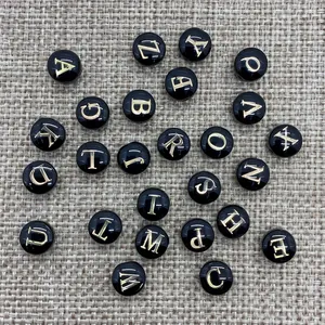 Flat black round shell beads with gold uppercase alphabet letters for DIY jewelry making