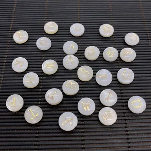 Flat round white mother of pearl shell beads with gold letters for DIY jewelry making