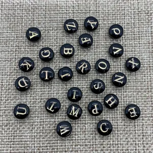 Flat round black shell beads with golden letters for DIY jewelry making accessories