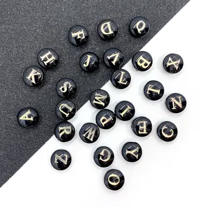 Natural Sea Shell Alphabet Beads 8mm Round Flat Black Gold Letter Beads For DIY Jewelry Making Bracelet Necklace Accessory