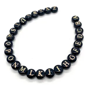 8mm round black shell beads set with gold alphabet letters A-Z for DIY jewelry making