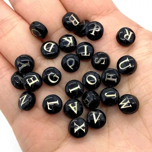 8mm black shell round alphabet beads with gold letters for DIY jewelry making