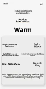 Size and fabric details of the 185x65cm black houndstooth cashmere scarf on info card