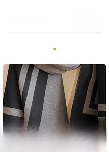 Detailed view of striped polyester scarf with soft fringe edges for winter warmth