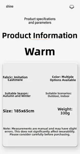Detailed cashmere-like scarf specifications showing 185x65cm size and 330g weight info