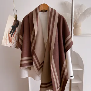 Brown and beige striped cashmere-like thick winter poncho shawl with short fringe trim