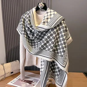 Châle en cachemire pour femmes avec motif géométrique, franges et maille grise contrastée