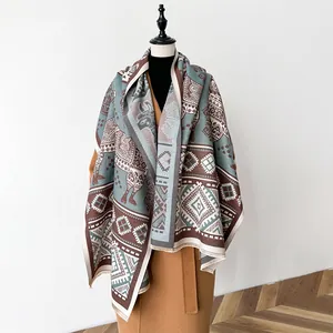 Ethno-Pashmina-Schal mit Alpaka- und Geometriemuster in Blau-Grau und Beige